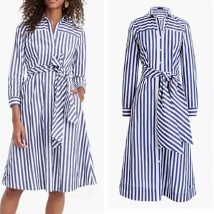 J. Crew Navy and White Vertical Stripe Midi Shirt Dress